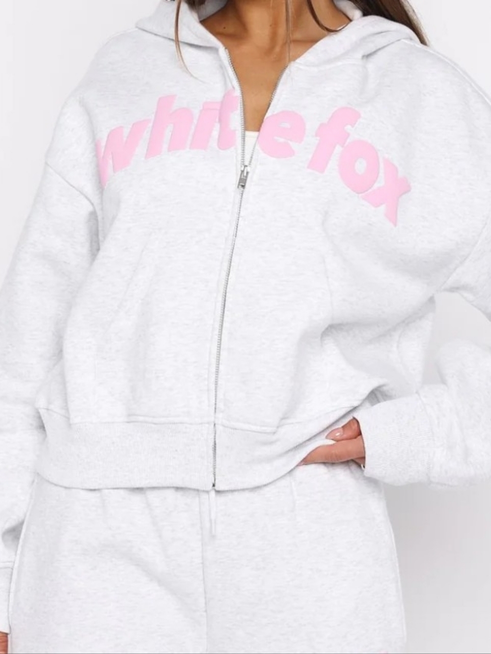 White Fox Boxy Front Zip Hoodie Grey Marle S/M
